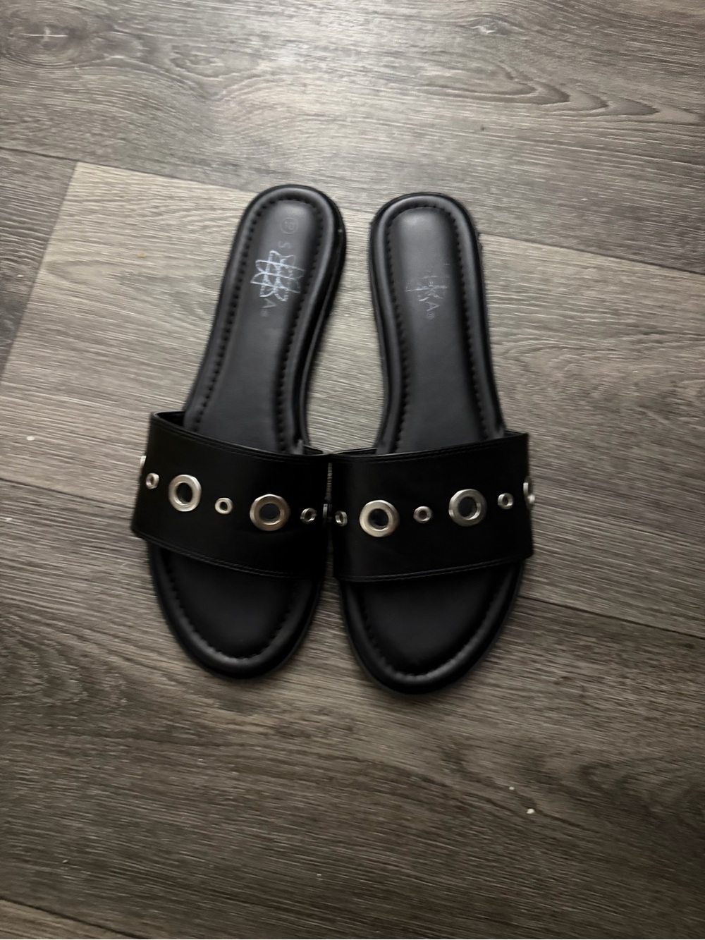 Black Slide Sandals with Silver Grommet Accents